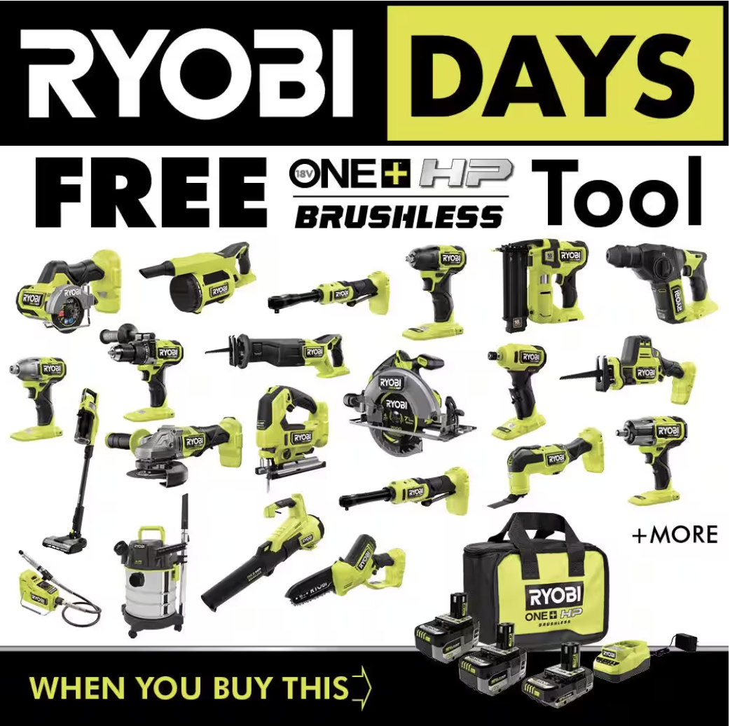 Buy one, get one FREE Ryobi tools at The Home Depot Clark Deals