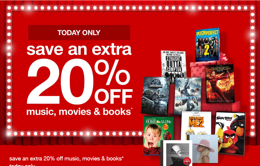 Save an extra 20% on movies, books and music at Target