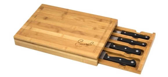 Emeril 4-piece cutlery set with bamboo cutting board and drawer for $30