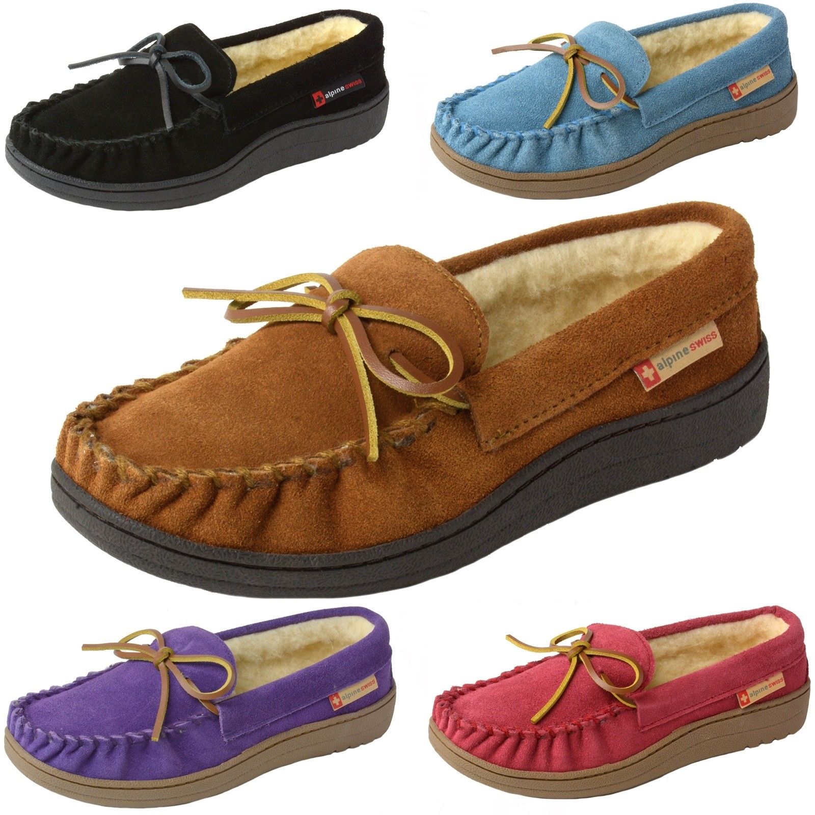 Alpine Swiss women’s suede shearling moccasin slippers for $15, free shipping