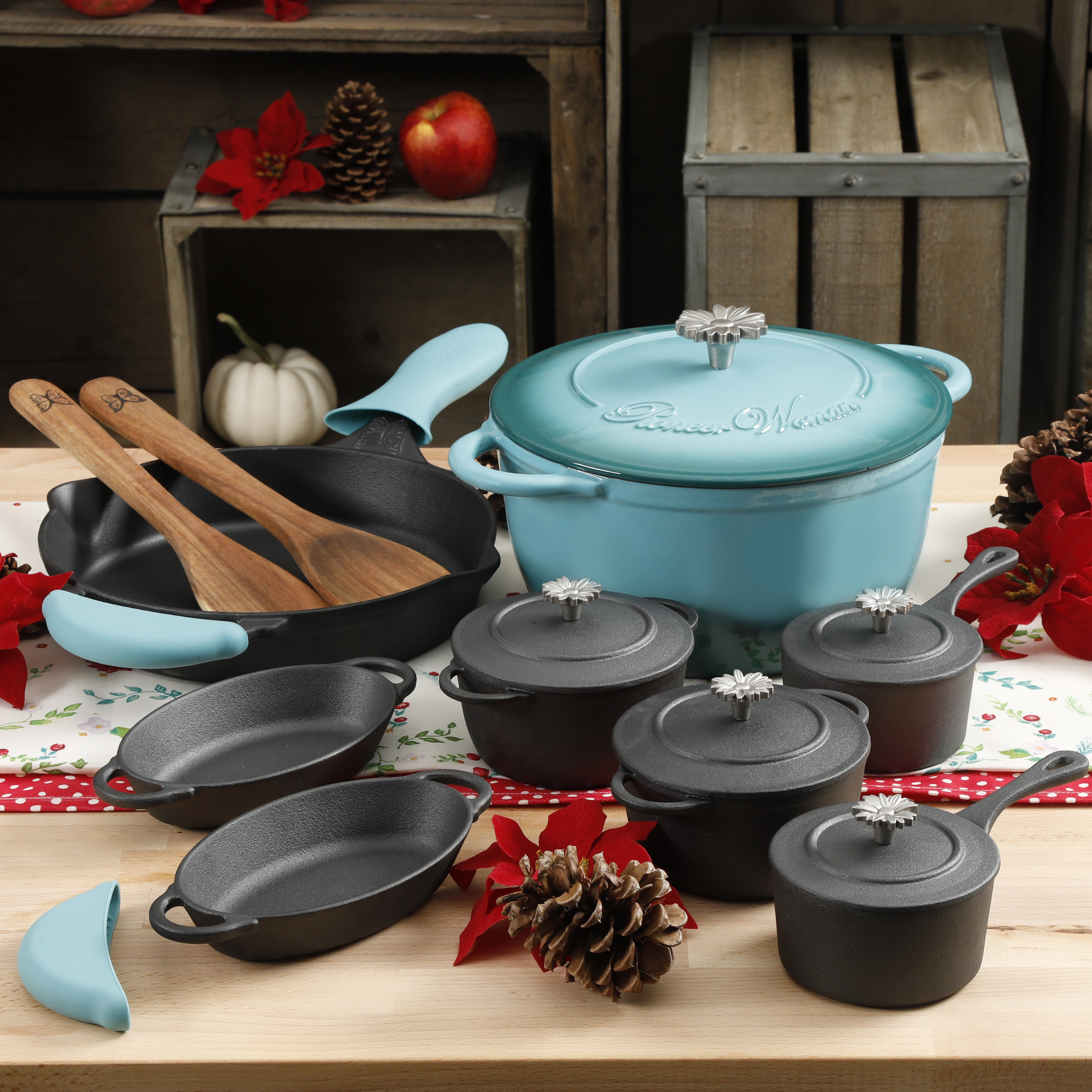 The Pioneer Woman timeless 18-piece turquoise cast iron essential set for $80