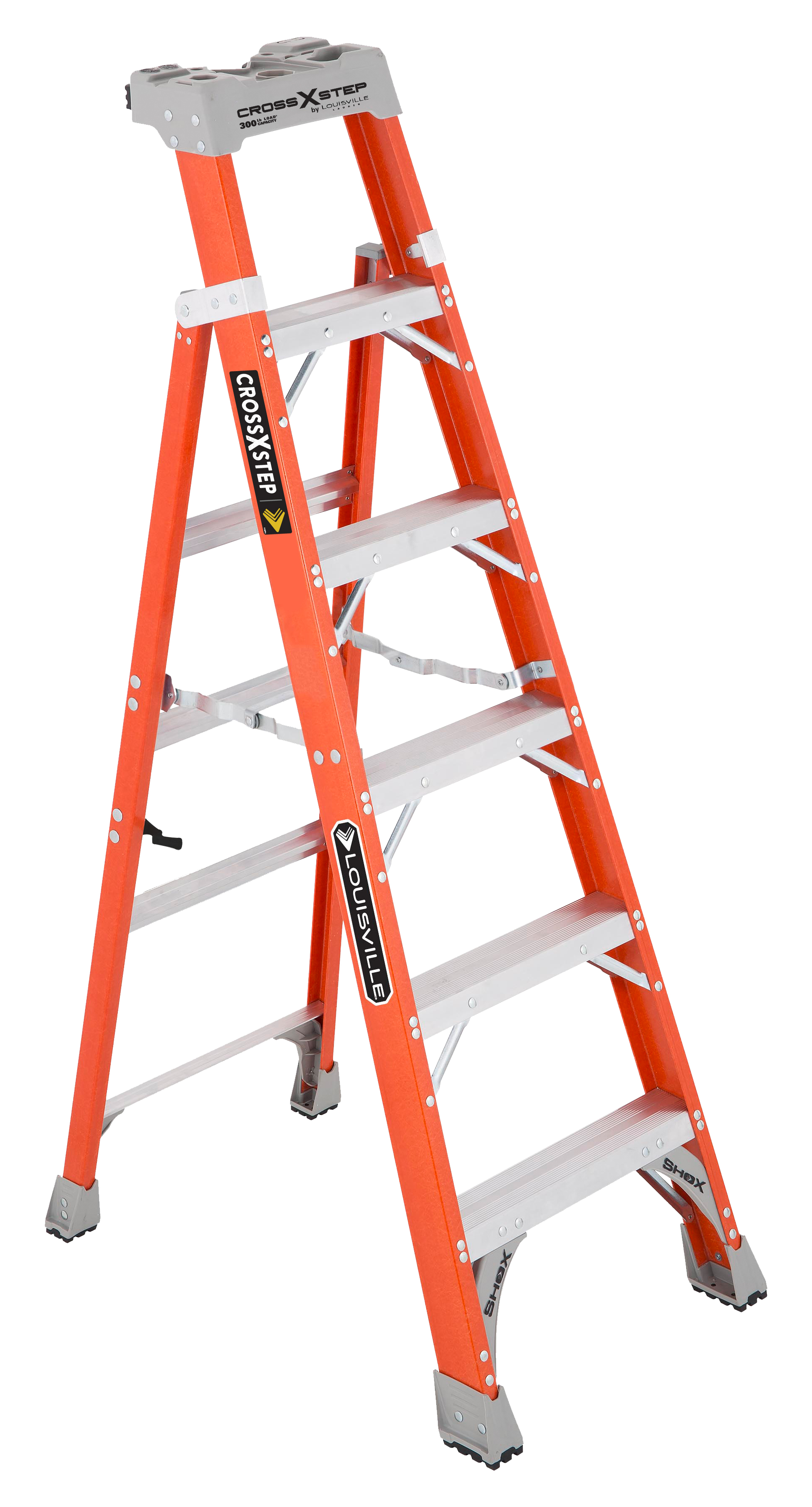 Louisville 6-foot fiberglass cross step ladder with 300-lbs capacity for $59