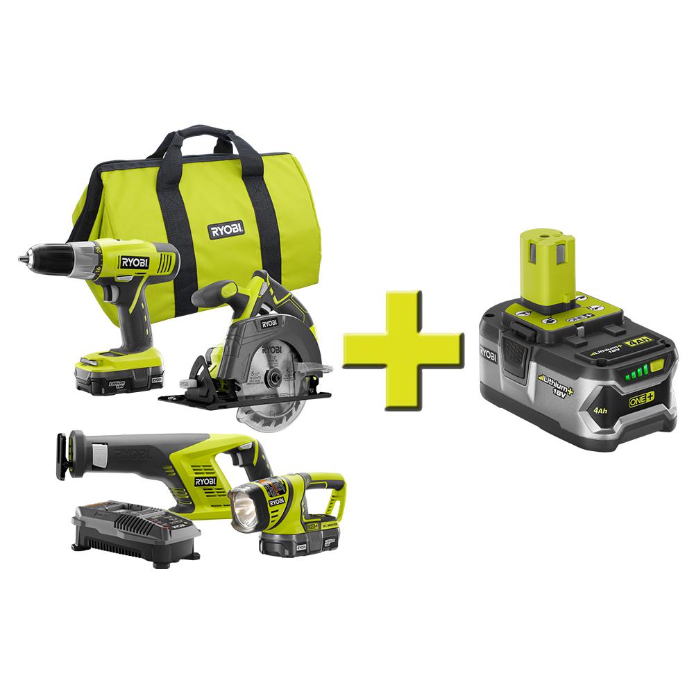 Ryobi 18-volt one+ lithium-ion cordless super combo kit plus battery pack for $179