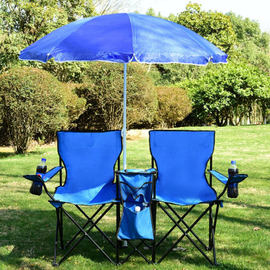 Portable folding picnic double chair with umbrella & cooler bag for $45