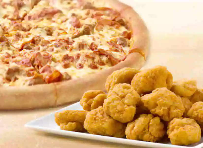 Papa John’s: Large 3-topping pizza + 15-pc chicken poppers or 8-pc wings for $12