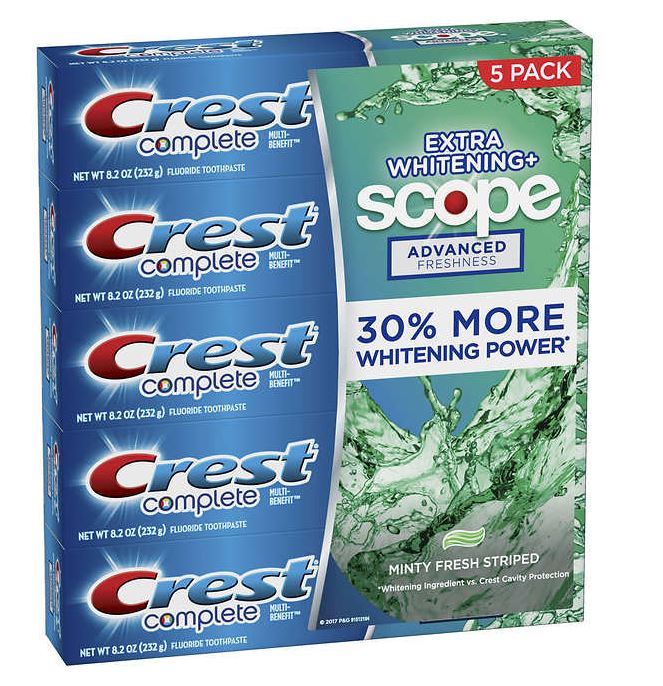 Costco members: 5-pack 8.2oz Crest Extra Whitening + Scope toothpaste for $9