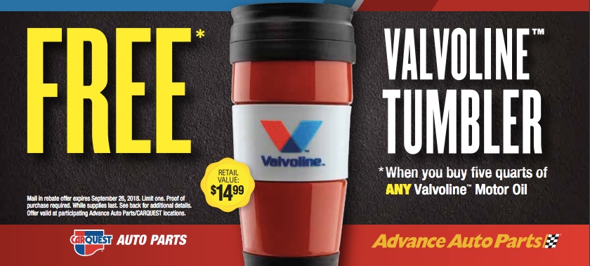 Get a FREE tumbler with 5-quart Valvoline oil purchase