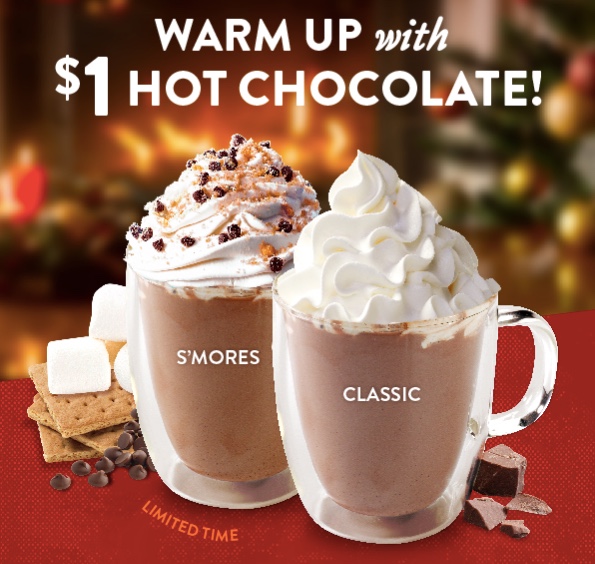 Krispy Kreme: Enjoy hot chocolate for $1 with any purchase this week!