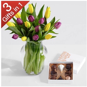15 Easter tulips with vase and chocolate for $48 delivered