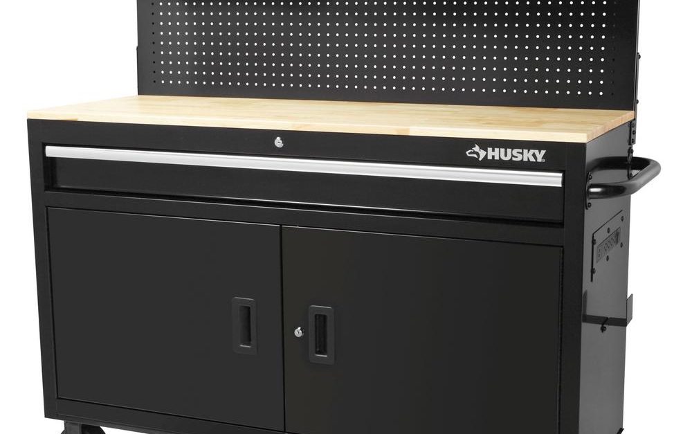 Husky 1-drawer mobile workbench with pegboard for $198