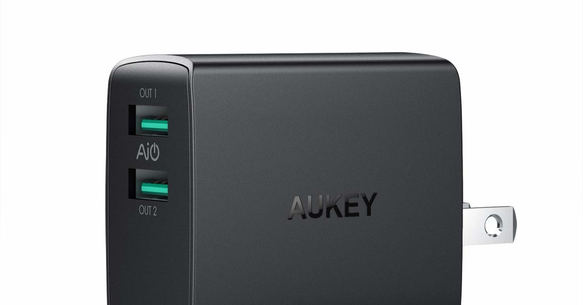 Aukey dual port USB wall charger with foldable plug for $8