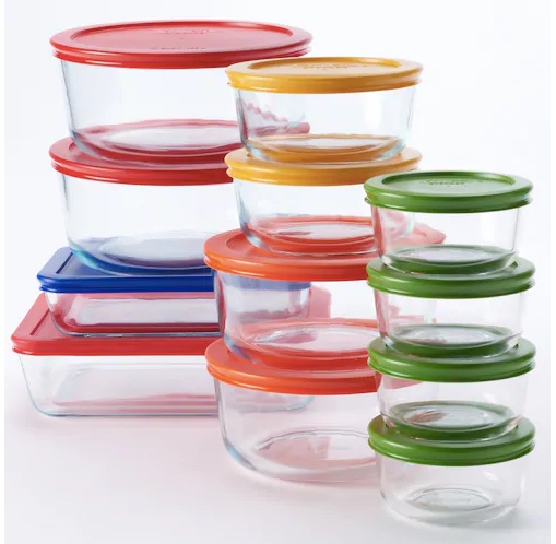 Pyrex 24-piece storage set with color lids for $26