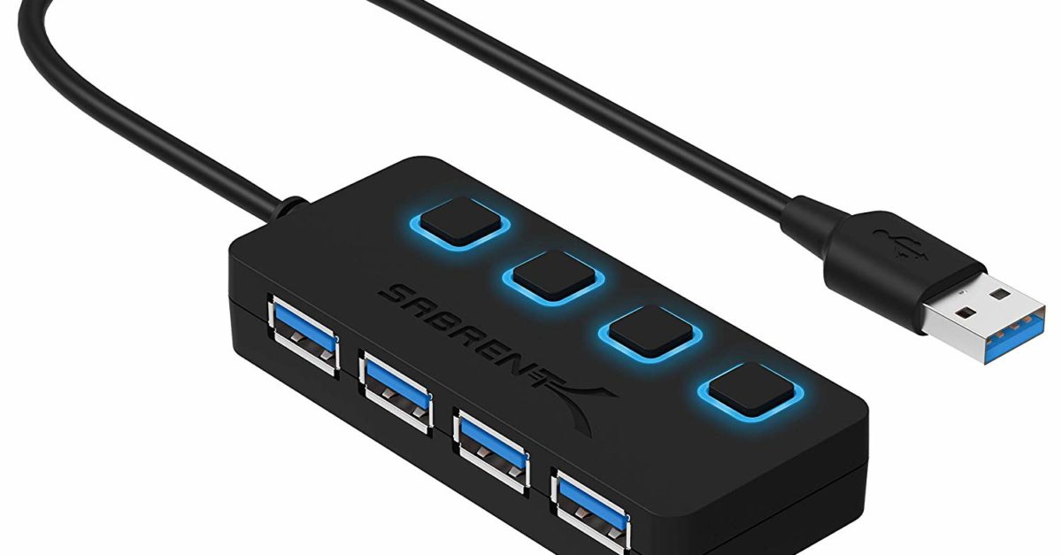 Sabrent 4-port USB 3.0 hub with individual LED power switches for $6