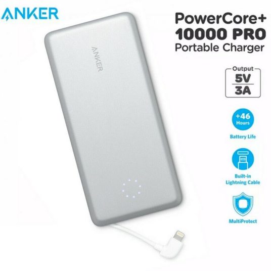 Anker PowerCore 10000mAh refurbished power bank with built-in lightning cable for $17