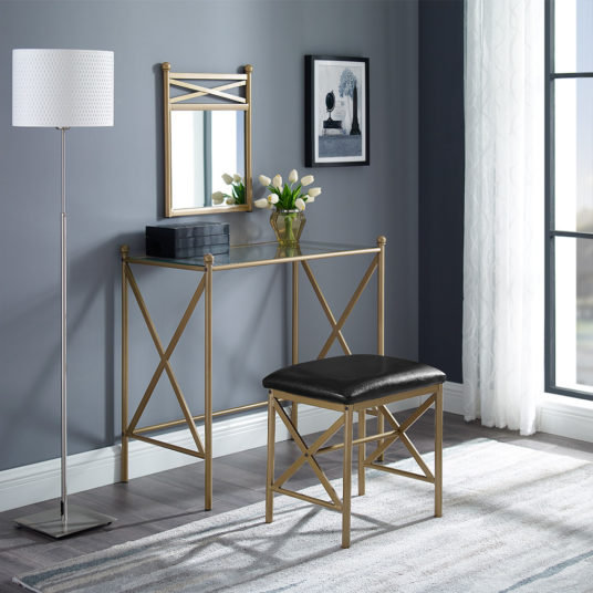 Mainstays gold metal vanity with wall mirror and stool for $52