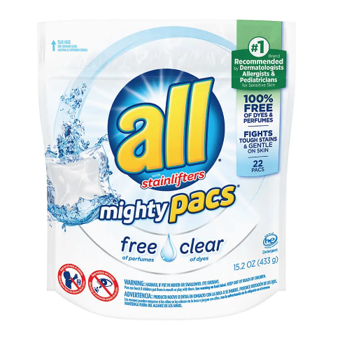 22-count All Mighty Pacs Free & Clear laundry detergent for $2, free store pickup