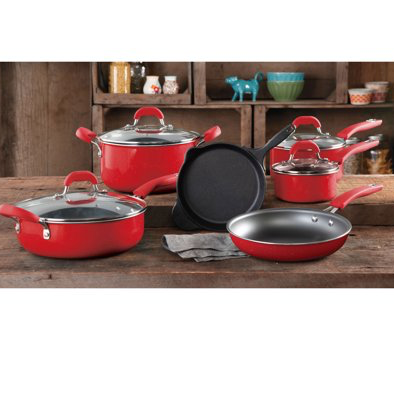The Pioneer Woman vintage speckle & cast iron 10-piece cookware set for $90
