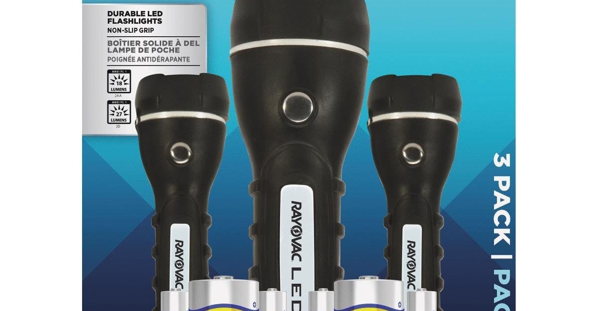Rayovac Brite Essentials 3-pack rubberized flashlights with batteries for $10