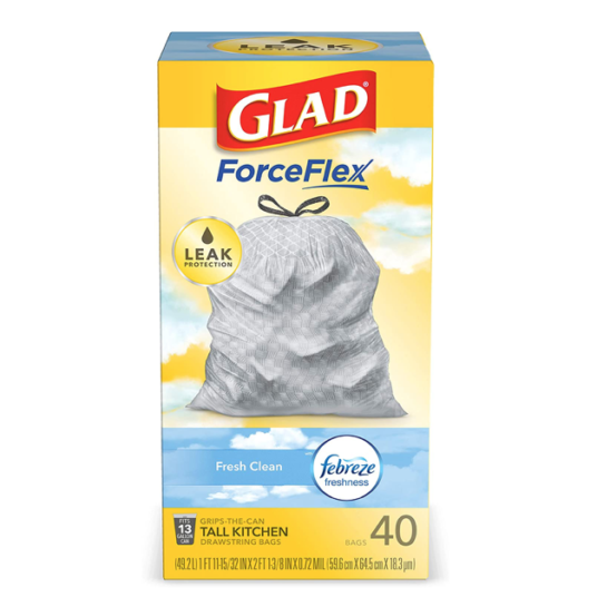 2-pack 40-count Glad tall kitchen trash bags for $10