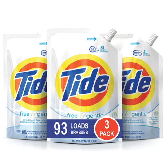 9-pack Tide 48-oz Free & Gentle HE laundry detergent pouches for $39