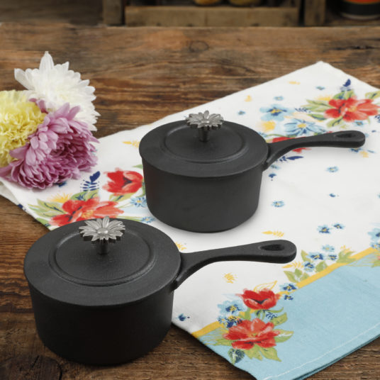 Set of 2 The Pioneer Woman Timeless Beauty pre-seasoned cast iron sauce pans for $13