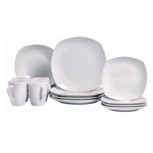 Tabletops Unlimited Quinto white porcelain square dinnerware set for $25