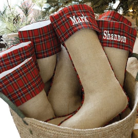 Suzanne Kasler burlap & red plaid stocking with FREE monogram for $17 shipped
