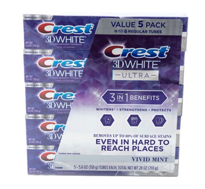 Crest 3D White Ultra whitening 5-pack toothpaste for $10, free shipping
