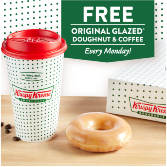 Krispy Kreme: Get a FREE doughnut & coffee every Monday