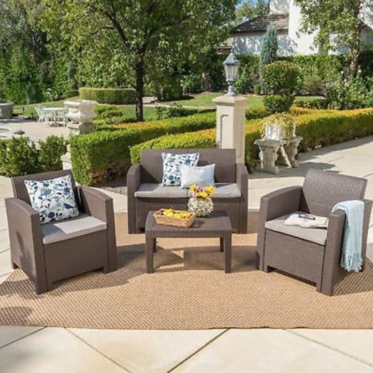 Dayton outdoor 4-piece faux wicker rattan chat set with water-resistant cushions for $367