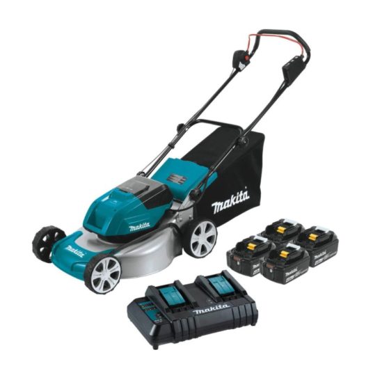 Makita 18V X2 LXT lithium-ion 18″ cordless lawn mower with 4 batteries for $374