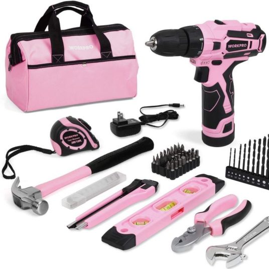Today only: Workpro 61-piece 12V pink cordless drill and home tool kit for $45