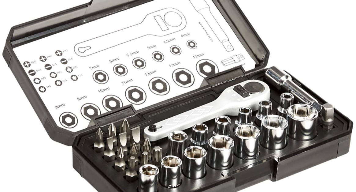 Amazon Basics 28-piece ratcheting wrench & bits set for $12