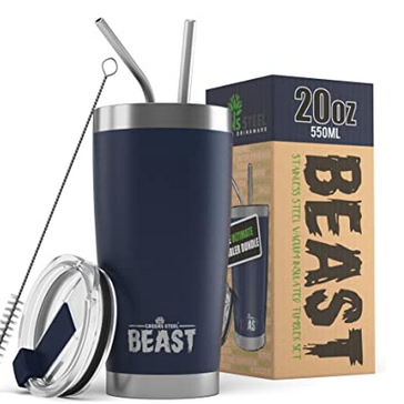 BEAST stainless steel coffee mug with straw and cleaner for $11