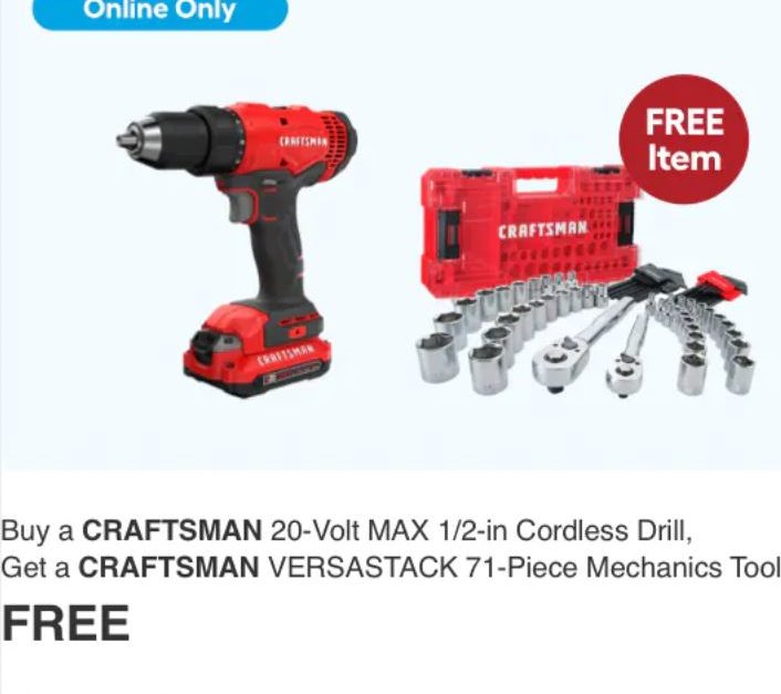 Craftsman 20-volt MAX 1/2-in cordless drill with FREE Versastack 71-piece mechanics tool set for $79