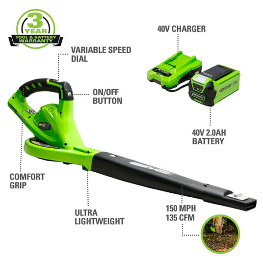 Greenworks 40V variable speed cordless blower/vac with battery for $90