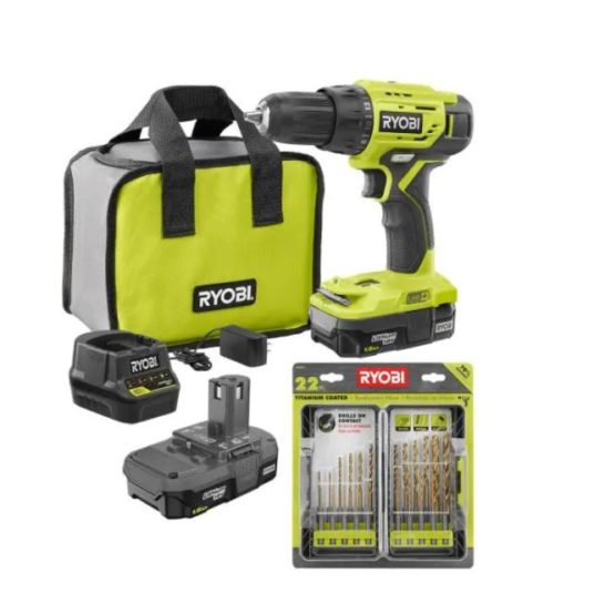 Ryobi ONE+ drill kit with 2 batteries & 22-piece titanium drill bit kit for $59