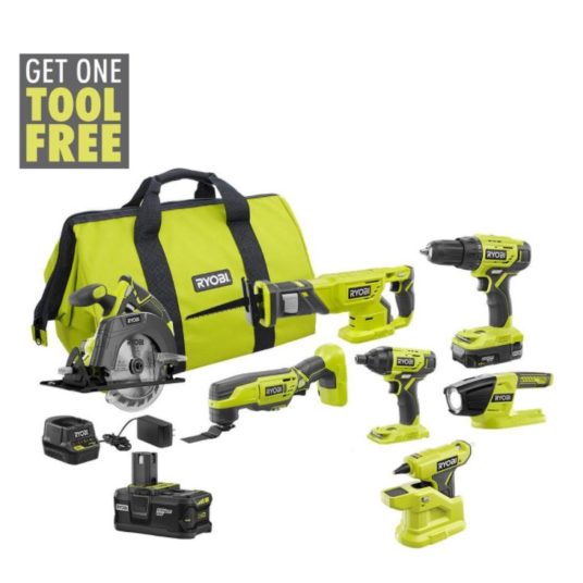 Ryobi One+ 18V cordless 6-tool combo kit with 2 batteries & compact glue gun for $199