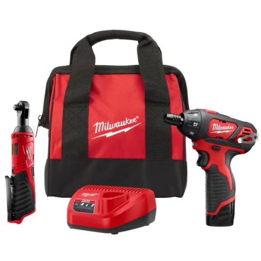 2-tool M12 12-volt lithium-ion cordless 3/8 in. ratchet and screwdriver combo kit for $99