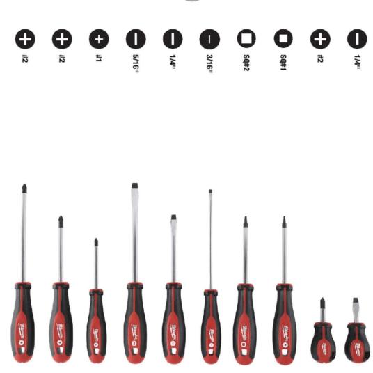 Milwaukee 10-piece phillips/slotted screwdriver set for $20