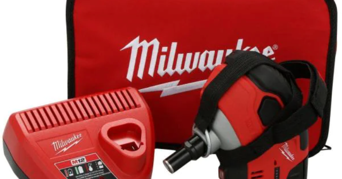 Milwaukee M12 12-volt lithium ion cordless palm nailer kit with battery for $99