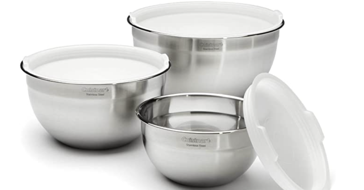 Set of 3 Cuisinart stainless steel mixing bowls with lids for $26