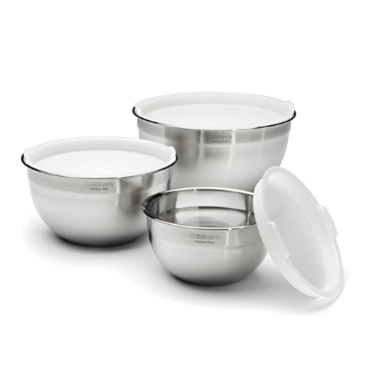 Set of 3 Cuisinart stainless steel mixing bowls with lids for $26