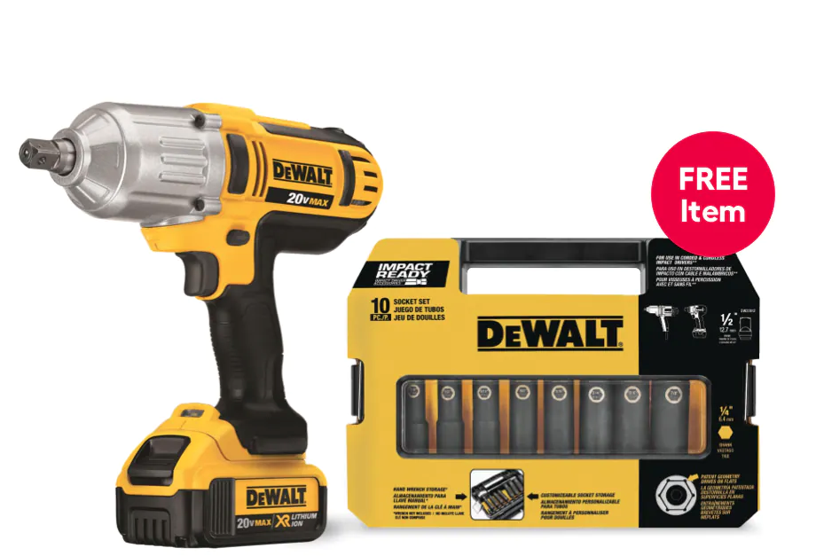 Today only: Buy a Dewalt XR cordless impact wrench and get a 10-piece hex bit driver socket set for FREE