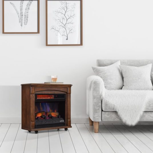 ChimneyFree rolling mantel with 3D infrared electric fireplace for $79