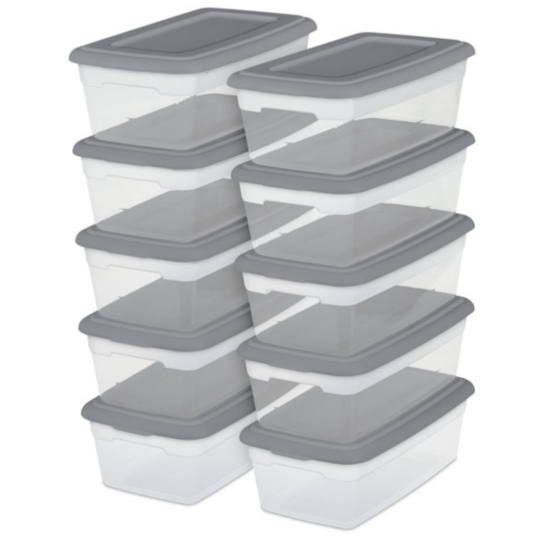 Set of 10 plastic storage boxes with lids 6-quart for $11