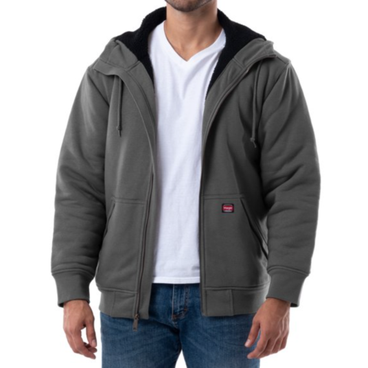Wrangler workwear men’s full-zip sherpa lined hooded sweatshirt for $18