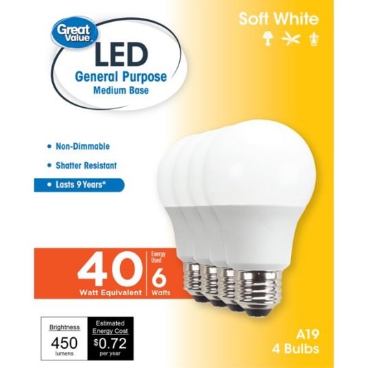 4-pack Great Value LED light bulbs for $5