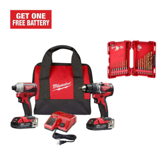 Milwaukee M18 18-volt lithium-ion drill/impact combo kit + bit set + battery for $209