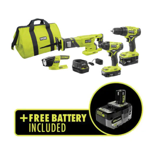 Buy a Ryobi ONE+ 18V lithium-ion cordless 4-tool combo kit for $139, get a FREE battery